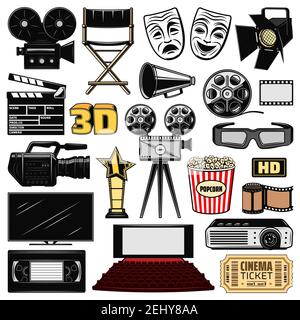 Cinematography, movie making or retro cinema and film director icons. Vector cinema ticket, producer clapperboard, 3D glasses and BHS video cassette w Stock Vector