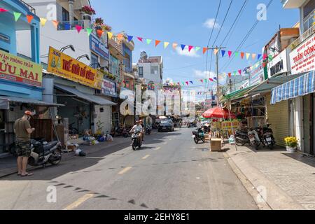 Street in An Thoi, decorated for the vietnamese New Year, south of the Phu Quoc island Stock Photo