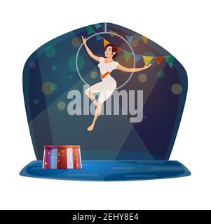 Circus acrobat woman on aerial hoop ring. Big top circus acrobatic gymnastics show performance on cartoon arena Stock Vector