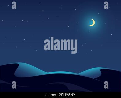 Night Desert Landscape Illustration Starry Sky, Moon, Dune. Stock Vector