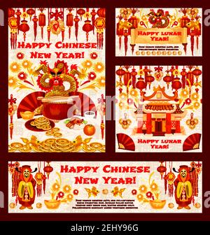 Chinese New Year greeting cards of golden symbols and red decorations on pattern background. Vector traditional China lunar year holiday golden dragon Stock Vector