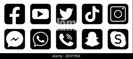 Collection of popular social media logo in black and white color. Social media icons. Stock Vector