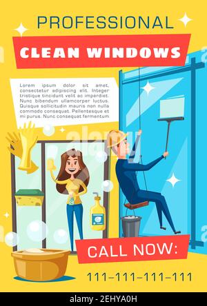 Home window glass cleaning, rope access professional service on industrial office buildings. Vector cleaning service housewife with sponge and polishe Stock Vector