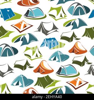 Camping tents seamless pattern, portable dwelling of textile, hiking equipment. Vector active pastime outdoor in mountains or forest, recreation and s Stock Vector