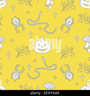 Halloween vector seamless pattern with pumpkins, branches, spiders, snakes, crosses. Design for decoration, wrapping, greeting cards, web page backgro Stock Vector