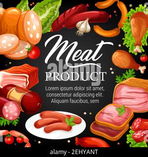 Meat food vector poster of beef and pork sausages, ham, salami and bacon, chicken leg, smoked frankfurter and pepperoni. Barbecue delicatessen and but Stock Vector