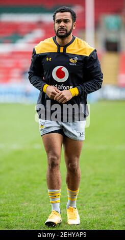 Leicester, Leicestershire, UK. 20th Feb 2021. 20th February 2021; Welford Road Stadium, Leicester, Midlands, England; Premiership Rugby, Leicester Tigers versus Wasps; Zach Kibirige of Wasps during the warm up Credit: Action Plus Sports Images/Alamy Live News Stock Photo