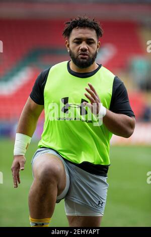 Leicester, Leicestershire, UK. 20th Feb 2021. 20th February 2021; Welford Road Stadium, Leicester, Midlands, England; Premiership Rugby, Leicester Tigers versus Wasps; Levi Douglas of Wasps during the warm up Credit: Action Plus Sports Images/Alamy Live News Stock Photo