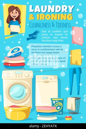 Laundry and ironing woman household chores, vector. Cleanliness and tidiness at home, housewife maid with towel. Watching machine, drying clothes, det Stock Vector