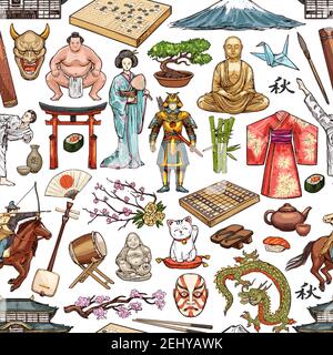 Japan culture seamless pattern of Japanese tradition symbols. Vector background of sushi, geisha in kimono on tea ceremony and ikebana, Japanese samur Stock Vector