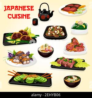 Japanese cuisine noodle dishes with meat, fish and vegetables. Vector salmon steak, perch and pork, served with mushroom soup, egg rolls and cucumber Stock Vector