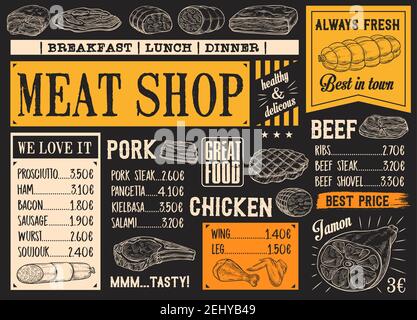 Meat product sketches on chalkboard. Vector beef steak and sausage, ham and pork bacon, salami and gamon, frankfurter and pepperoni, chicken. Butcher Stock Vector