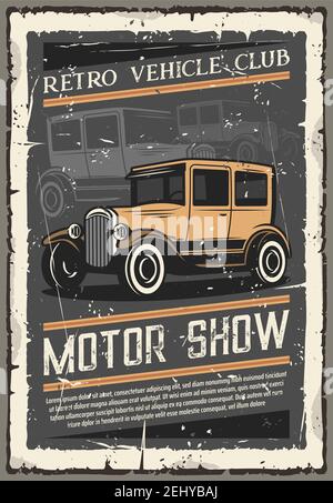Vintage old cars show, retro vehicles club exhibition old grunge poster. Vector rarity automobile and collector transport museum or diagnostic and rep Stock Vector