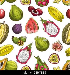 Exotic fruits vector seamless pattern background with sliced tropical berries. Papaya, feijoa and fig, carambola, passion and dragon fruits, lychee, d Stock Vector
