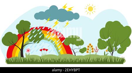 sunny rain with rainbow in summer forest. vector illustration flat style. cute postcard Stock Vector