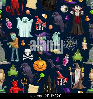 Halloween monsters vector seamless pattern. Happy Halloween holiday pumpkins and witch ghosts on trick or treat party, skeleton skull, spider, devil a Stock Vector