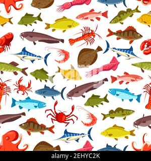 Seafood and fish seamless cartoon pattern. Vector ocean and river fishes flounder, tuna or carp and sheatfish with squid, octopus and shrimp or prawn, Stock Vector