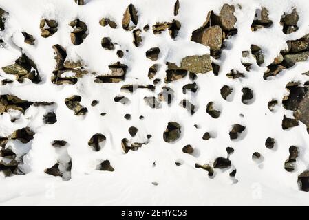Snow covered drystone wall in the High Peak, Derbyshire, England. Stock Photo