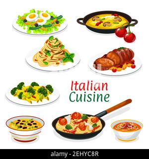 Italian cuisine dishes of pasta, meat and vegetable food. Tomato sauce meatball spaghetti, penne and fettuccine with cheese and pesto, tuna olive and Stock Vector