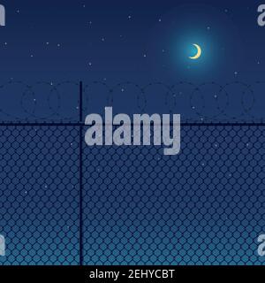 Metal fence with barbed wire against the background of the night sky with the moon and stars. Stock Vector