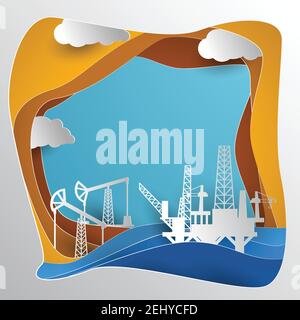 drilling rig for oil production platform in offshore paper art. vector illustration Stock Vector