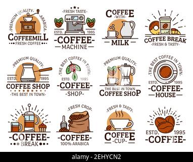 Coffee cup and espresso machine vector icons with thin line mug of hot drink, latte and cappuccino, sugar, bean bag and grinder, croissant, pot, frenc Stock Vector