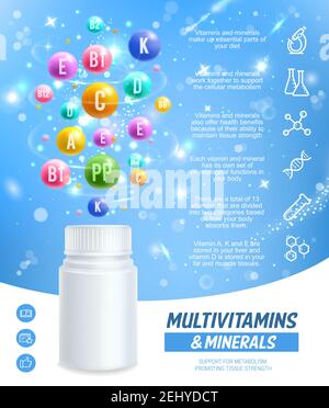 Vitamins and minerals complex pills and capsules, healthy dietary supplement. Vector essential multivitamins color pills in plastic bottle for diet nu Stock Vector