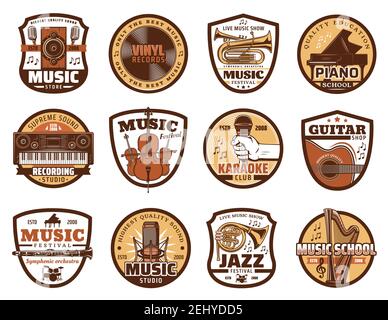 Music vector icons of musical instruments and recording studio equipments. Guitar, microphone and piano, violin, trumpet and vinyl records, drum, flut Stock Vector