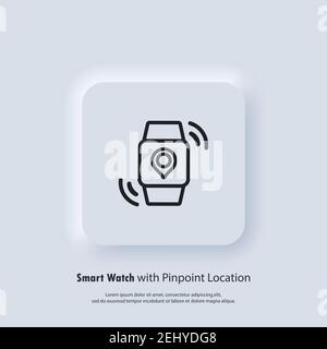 Smart Watch with Pinpoint Location. Transportation schedule mobile app notification night mode design. Arrival time on screen. GPS tag on smart watch Stock Vector