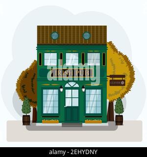 Irish pub exterior vector illustration. Flat design of facade. Beer house building concept. Emerald two-story restaurant in the European style. Illust Stock Vector
