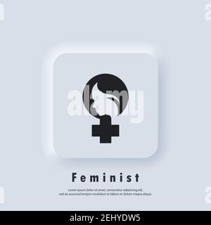 Feminist icon. Female woman feminism sign. Protest hand with woman face. Vector EPS 10. UI icon. Neumorphic UI UX white user interface web button. Neu Stock Vector