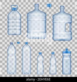 Water bottles, capacious and portable, sportive with dispenser. Realistic vector empty plastic containers with covers, vessels mockups. Liquids packag Stock Vector