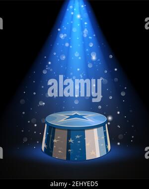 Circus arena stand or top tent stage, vector. Empty platform of ringmaster podium or pedestal with stars an blue white strips in bright spotlight rays Stock Vector