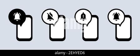 Phone icon set in black. Silent mode. Notifications turned off. Calling phone sign. No smartphone sign. Vector on isolated white background. EPS 10. Stock Vector