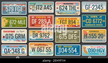 Abstract vehicle registration plates. Vector number plates of California, Alabama or Virginia and Hawaii, Montana or Illinois and US Georgia or Delawa Stock Vector