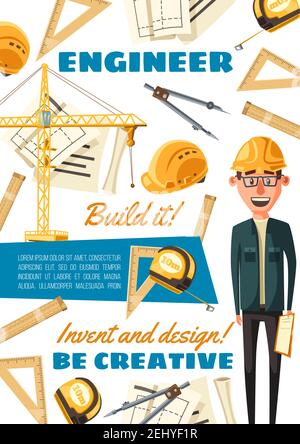 Construction engineer at building site. Vector engineering builder or constructor profession man in safety helmet with project plan, ruler and pencil Stock Vector