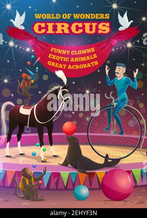 Shapito circus acrobat on unicycle, trained bear and magician ...