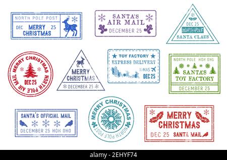 Christmas letters stamps, Santa Claus mail or post. Vector express delivery signs, postcards and holiday letter prints. Deer, gingerbread boy, Xmas tr Stock Vector