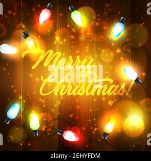 Christmas lights frame on wooden background, vector. Xmas and New Year winter holidays border with string of shining light bulbs, glowing sparkles and Stock Vector