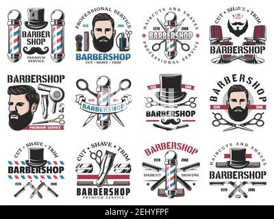 Beard shaving and styling, barbershop isolated icons. Vector haircut and hairstyle, professional barber or hairdresser. Scissors and trimmer, brush an Stock Vector