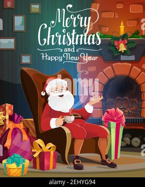 Santa Claus sitting in chair near Christmas fireplace, decorated by vector gift and present boxes, holly and pine tree garland, bell and candle. Xmas Stock Vector