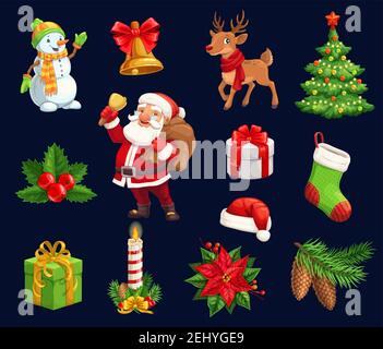 Christmas holiday icons, characters. Vector isolated cartoon pine tree, deer and holly berry, candle and bell, hat and poinsettia, Santa and snowman w Stock Vector