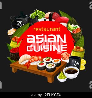 Japanese sushi restaurant menu of bento lunch with sushi rolls, wasabi and ginger. Vector uramaki, gunkan, temaki and nigiri, soy sauce, seaweed chukk Stock Vector