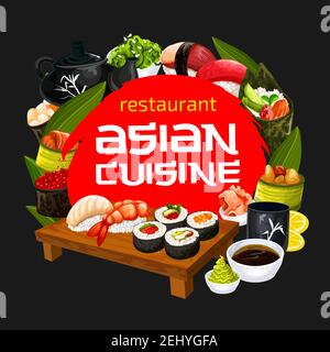 Japanese sushi restaurant menu of bento lunch with sushi rolls, wasabi and ginger. Vector uramaki, gunkan, temaki and nigiri, soy sauce, seaweed chukk Stock Vector