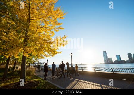 Lower Manhattan skyscraper stands behind the autumn leaf color trees along the Hudson River at New York City NY USA. Stock Photo