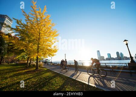 Lower Manhattan skyscraper stands behind the autumn leaf color trees along the Hudson River at New York City NY USA. Stock Photo