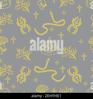 Halloween vector seamless pattern with pumpkins, branches, spiders, snakes, crosses. Design for decoration, wrapping, greeting cards, web page backgro Stock Vector