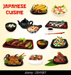 Japanese cuisine seafood and vegetable dishes with asian soy sauce vector design. Baked fish, shrimp salad and cuttlefish stew, miso, feta crab and mu Stock Vector