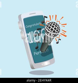 microphone in front of mobile karaoke application illustration.  3d, three dimentional drawing cartoon style toy like illustration Stock Vector