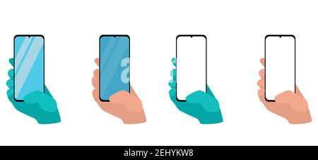set of Hand holding smart phone isolated on white background. Set application template illustration of a smartphone. Human using mobile phone, vector Stock Vector